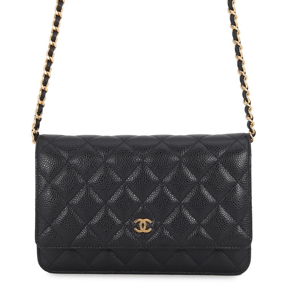 CHANEL Authentic Black Caviar Leather Logo Wallet